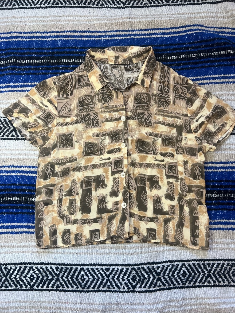 Women’s Small Brown Abstract Floral Boxy Button-Up Shirt – 90s/Y2K Style